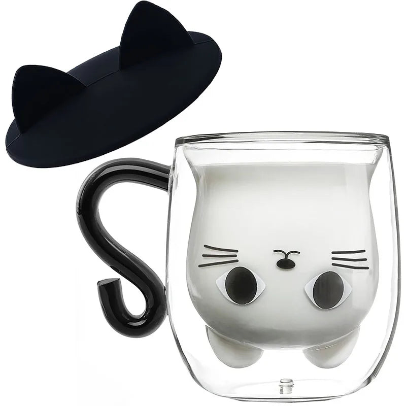 Tasse en verre à paroi double chat avec couvercle