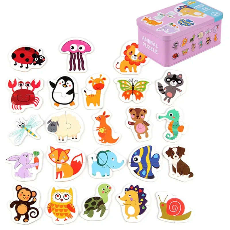 Montessori puzzles in metal box animals, means of transport, dinosaurs, fruits and vegetables