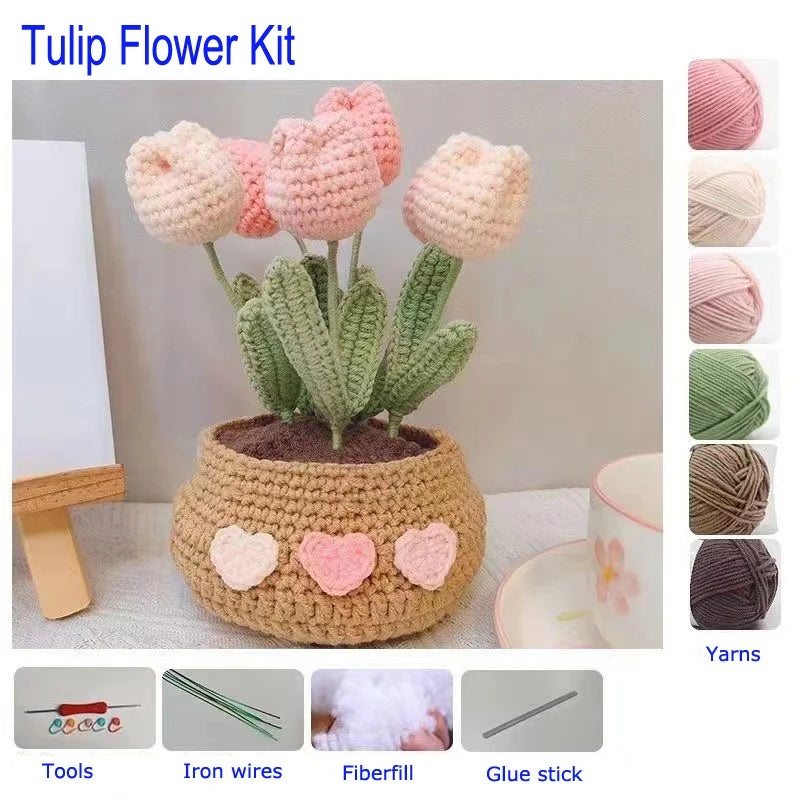 DIY Kit de Crochet pour débutant Fleurs : Tulipe Marguerite Tournesol Rose