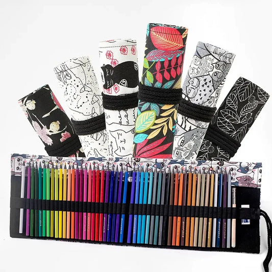 Fabric roll-up pencil case, brush pens, various designs available