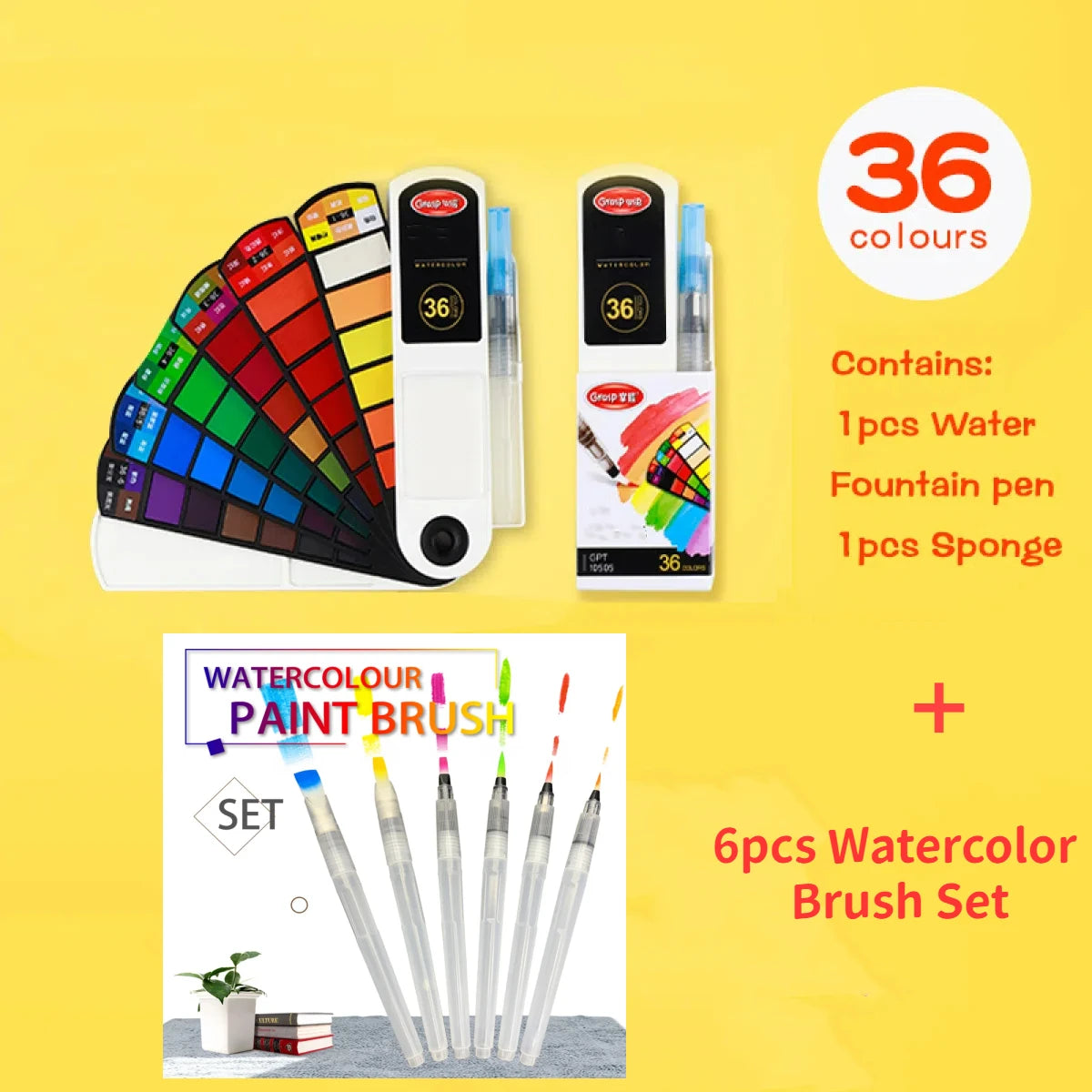 Solid Watercolor 18/24/36/42 Colors Retractable Case with 1 or 6 Reservoir Brushes