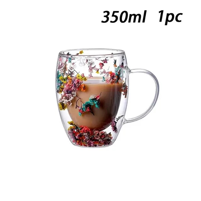 Double wall glass mug with flowers