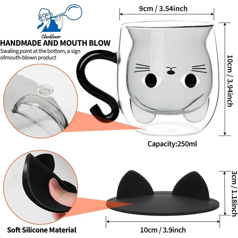 Tasse en verre à paroi double chat avec couvercle