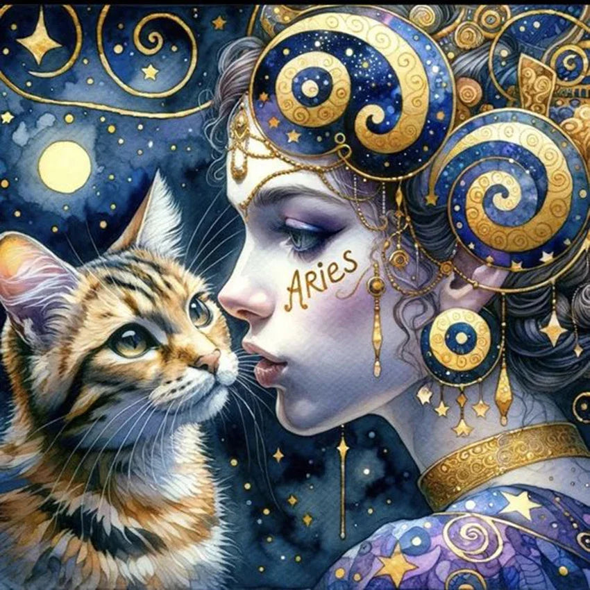 Peintures à Diamants Femme bleue Chat
