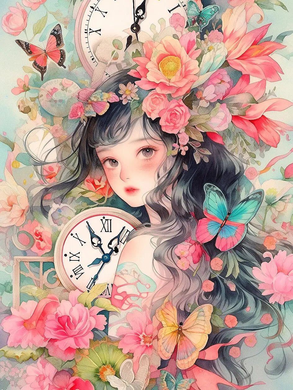 Kits de punto de cruz bordado impresiones anime chica con reloj