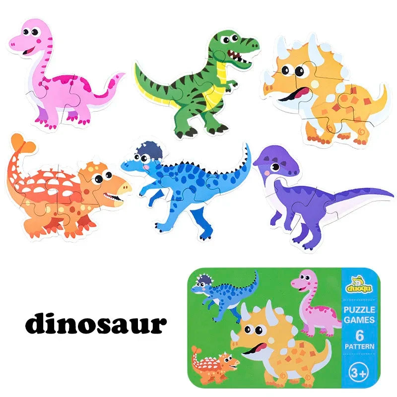 Montessori puzzles in metal box animals, means of transport, dinosaurs, fruits and vegetables