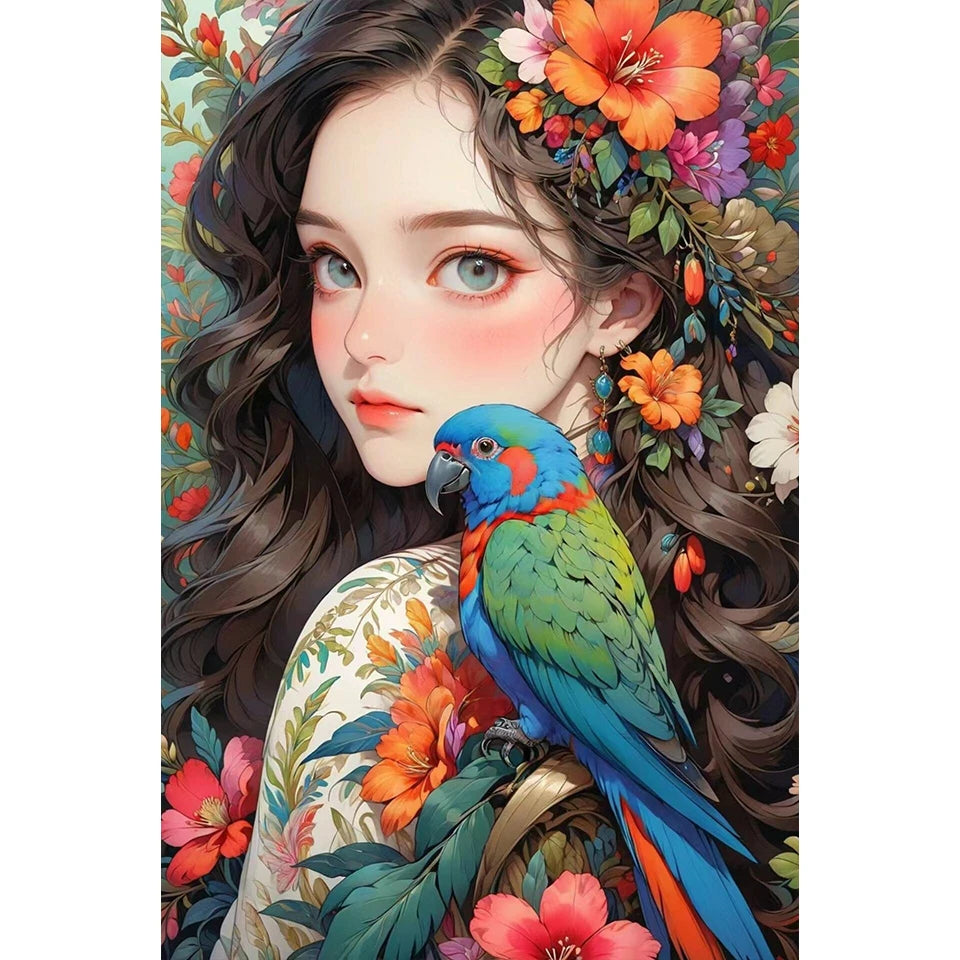 Peinture à diamants 5D Diy Mosaïque Fille avec Perroquet Parrot