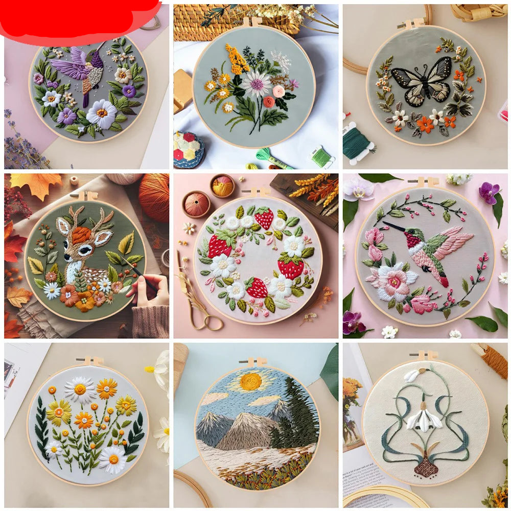 Broderie point de croix Colibri papillon cerf fraises fleurs montagnes