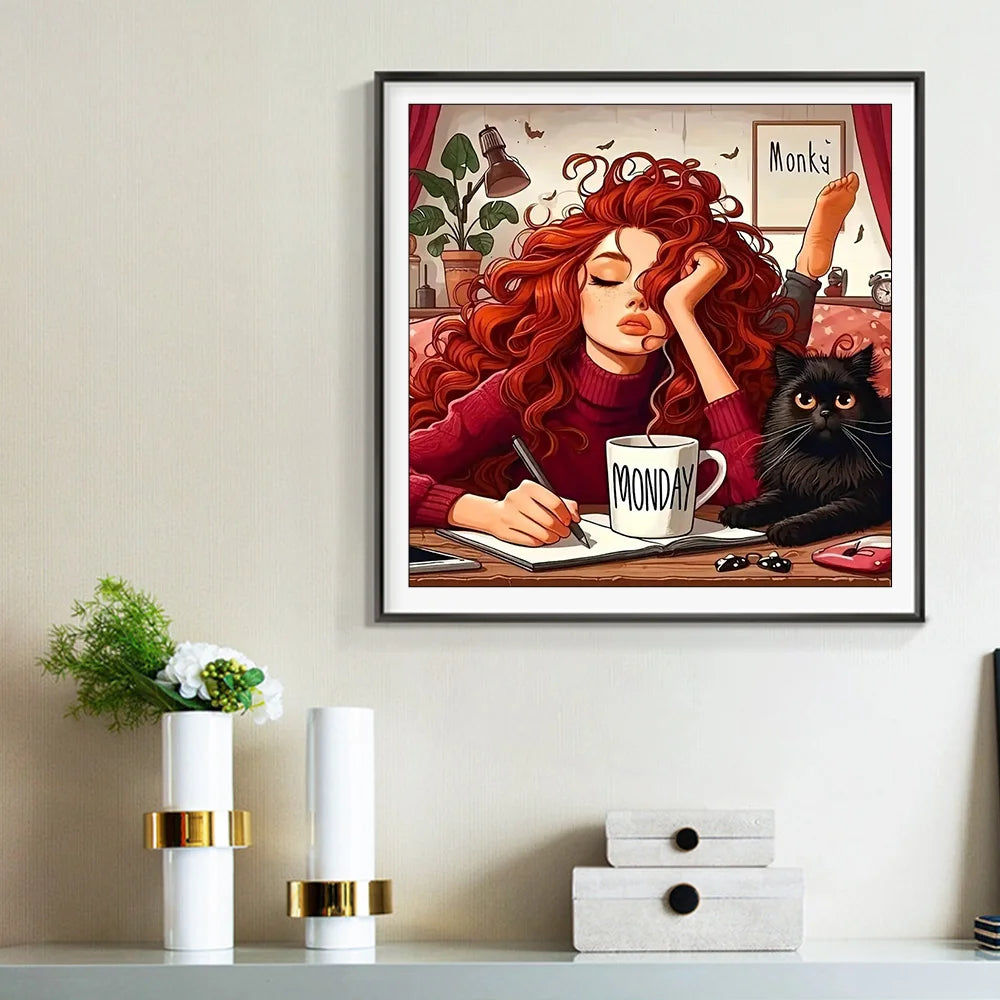 Peinture à diamants Femme Rousse et son chat noir