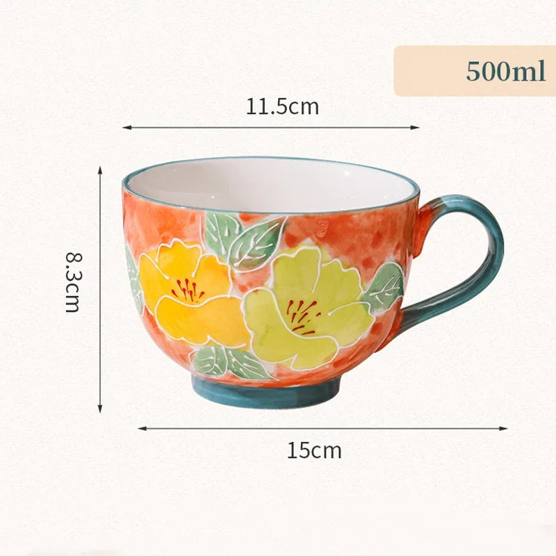 Taza de cerámica con forma de cuenco y diseño floral de 500 ml para desayuno