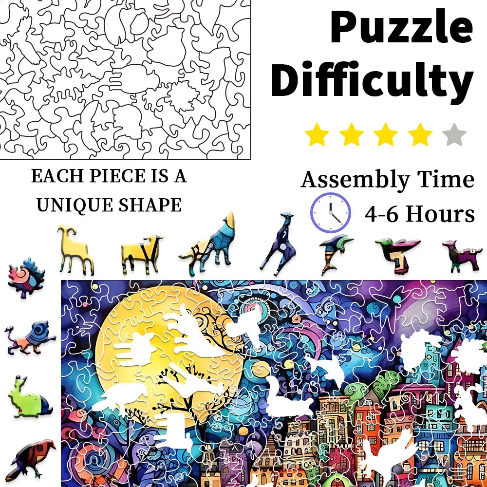 Puzzle en bois pour adulte ville colorée Pièces uniques aux formes irrégulières et en forme d'animaux