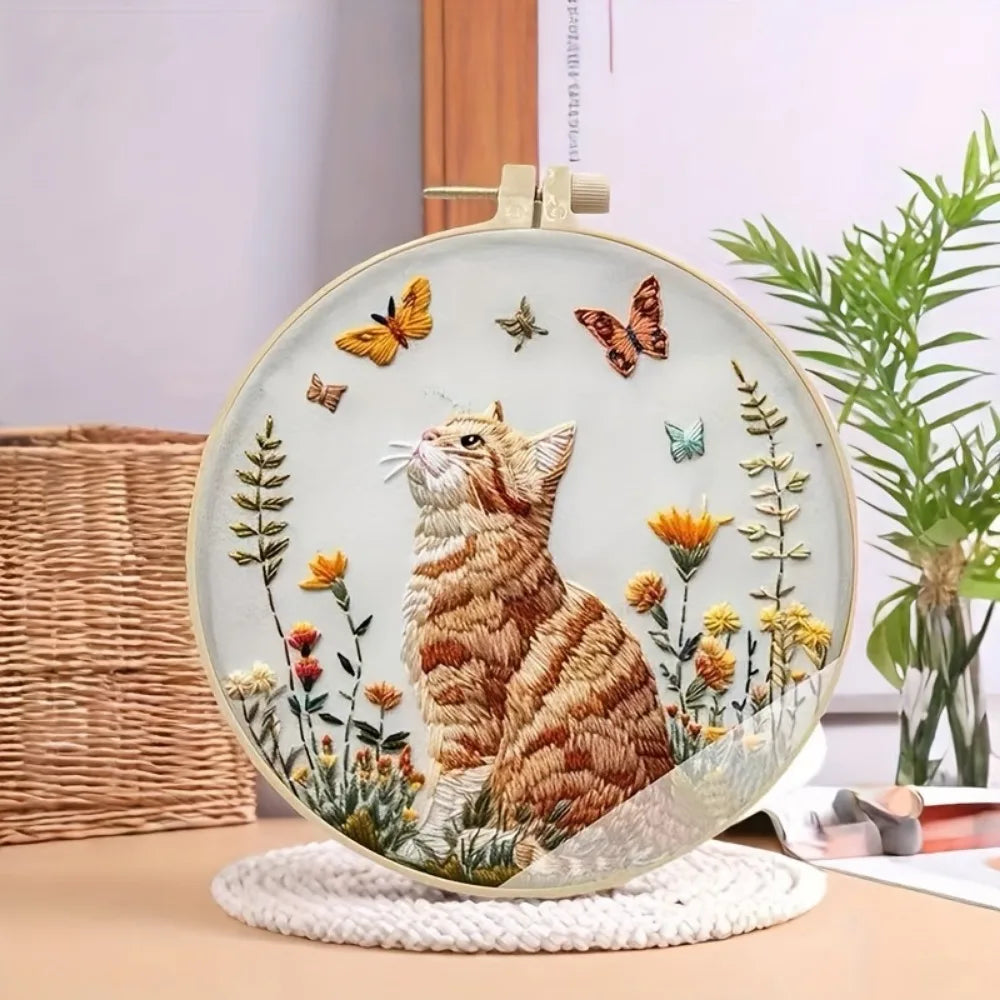 Kit de broderie chat et fleur DIY pour débutants – Kit complet de points de croix