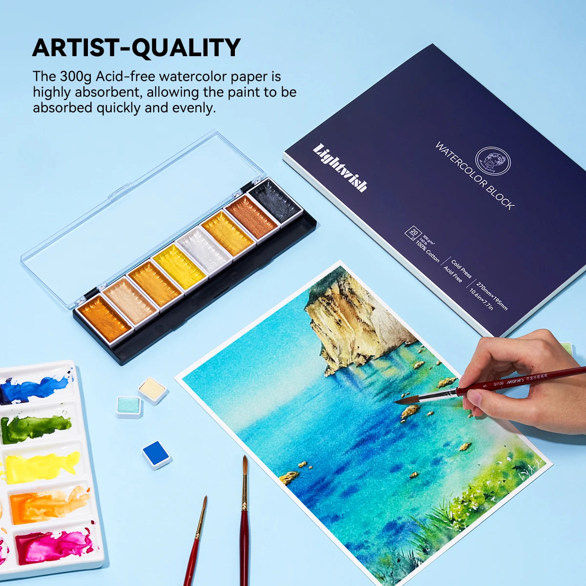 LIGHTWISH Cold Pressed Watercolor Paper Pad 20 Sheets 100% Cotton 140lb/300GSM