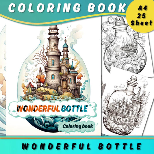 Libro para colorear para adultos de Wonderful Bottles, 25 diseños diferentes, 100 g/m²