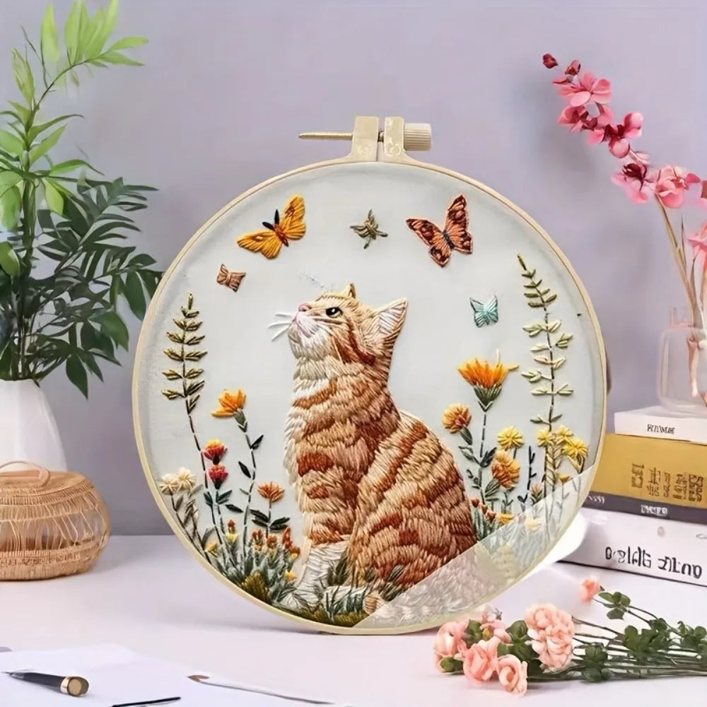 Kit de broderie chat et fleur DIY pour débutants – Kit complet de points de croix
