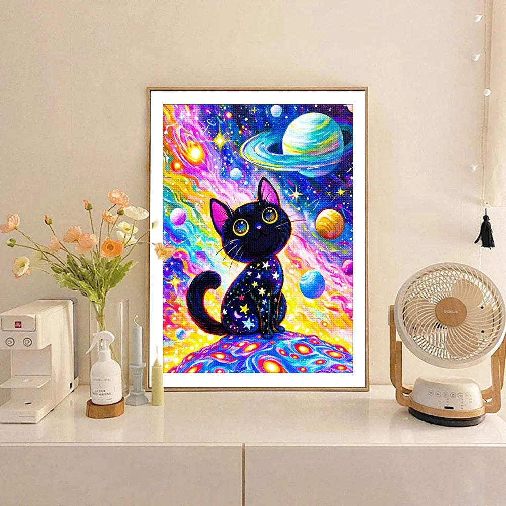 Peintures à diamants pour adulte débutant Anime Chat dans l'espace