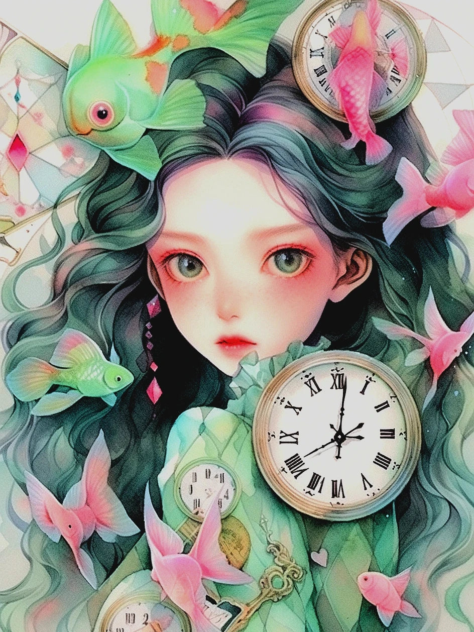 Kits de punto de cruz bordado impresiones anime chica con reloj