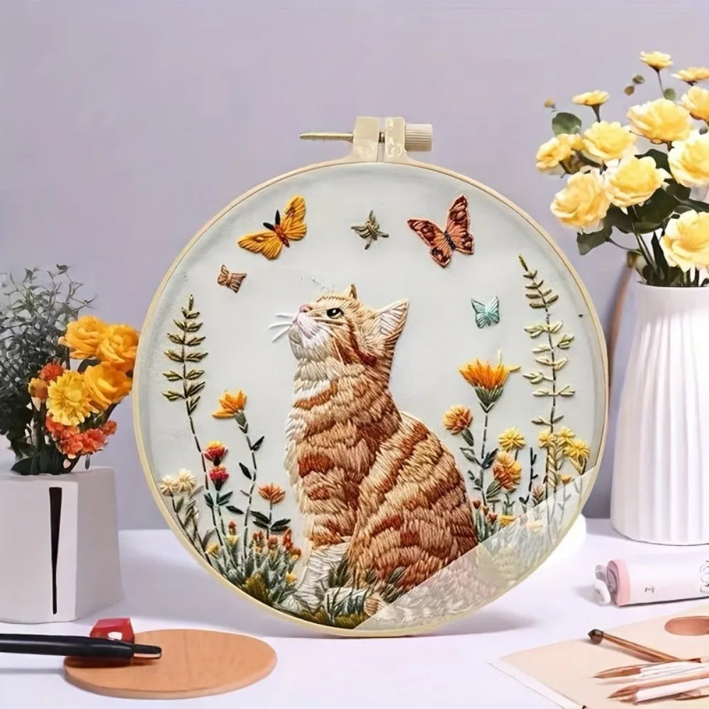 Kit de broderie chat et fleur DIY pour débutants – Kit complet de points de croix