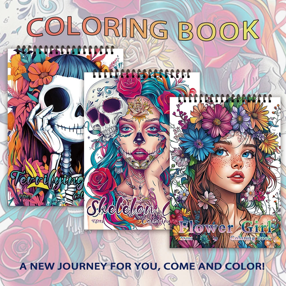 Coloring Books 30 Sheets 100gsm for Adults Flower Girl Flower Skeleton