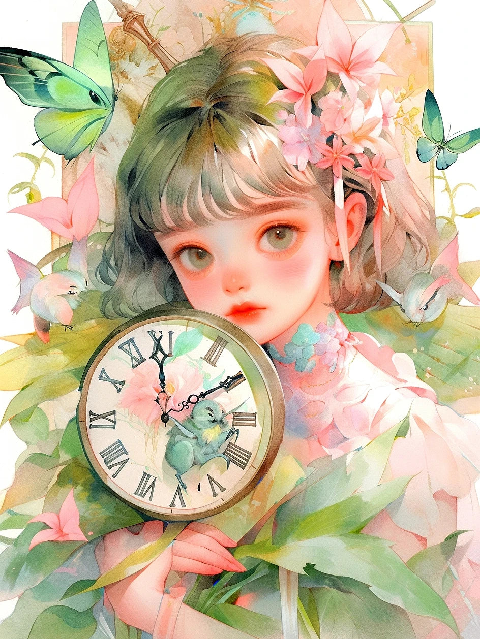 Kits de punto de cruz bordado impresiones anime chica con reloj