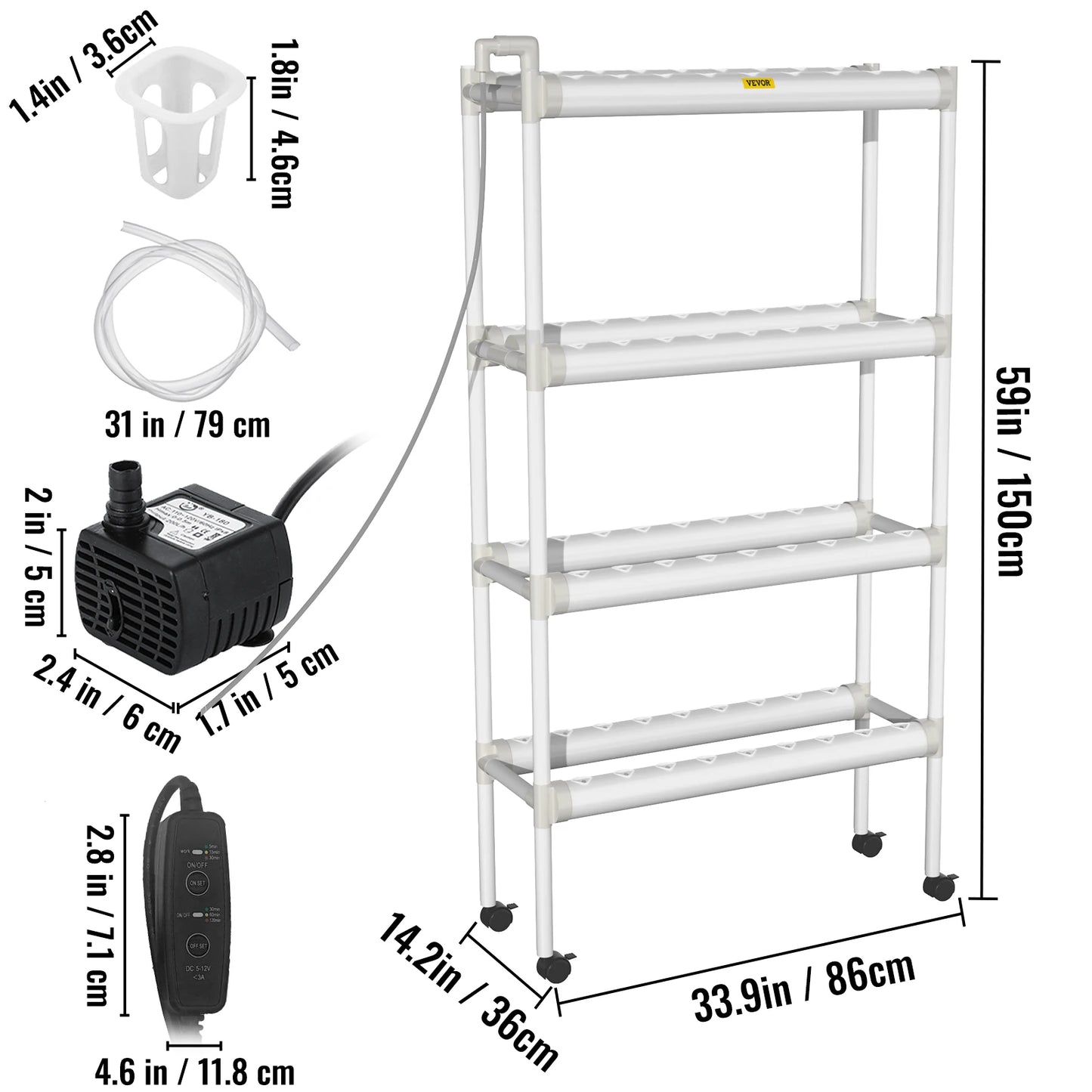 VEVOR Hydroponic System 36/54/72/90/108 Slots 1/2/3/4 Tiers 4/6/8/10/12 Tubes