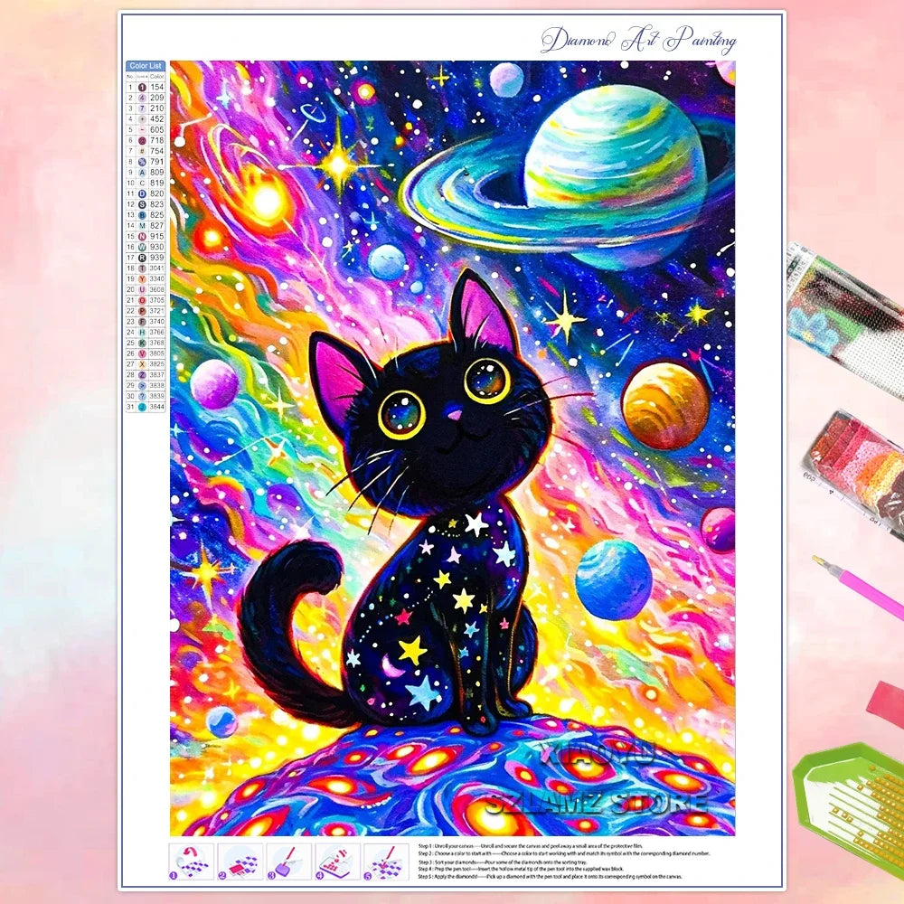 Peintures à diamants pour adulte débutant Anime Chat dans l'espace