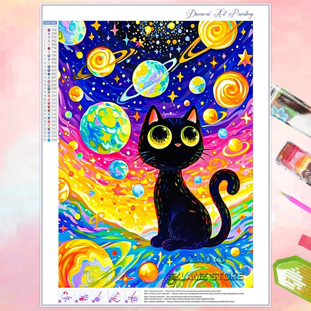 Peintures à diamants pour adulte débutant Anime Chat dans l'espace