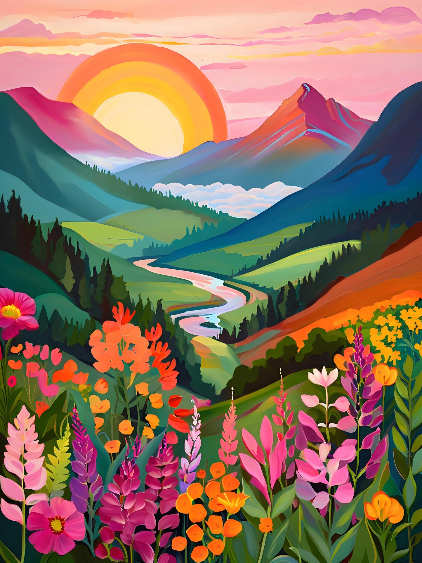 Peintures par numéros Paysages roses Montagnes