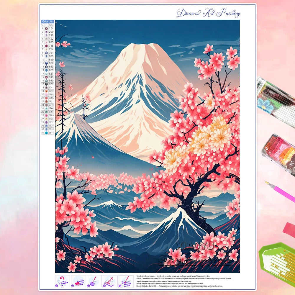 Pinturas de diamantes de flor de cerezo en Fuji, Japón