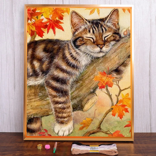 Kit complet de broderie point de croix chat endormi sur l'arbre toile imprimée 11CT 14CT