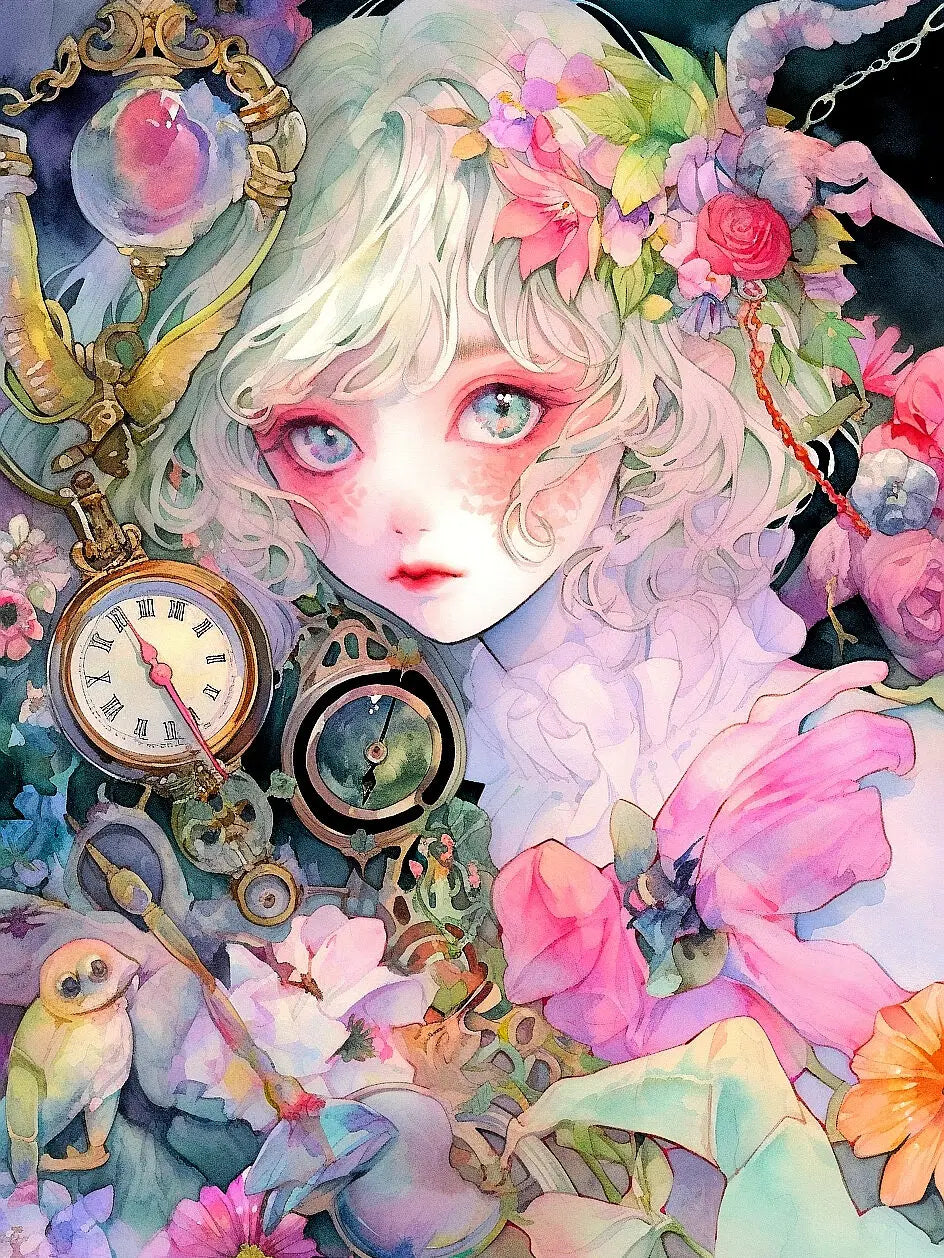 Kits de punto de cruz bordado impresiones anime chica con reloj