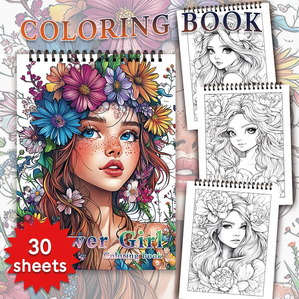 Coloring Books 30 Sheets 100gsm for Adults Flower Girl Flower Skeleton