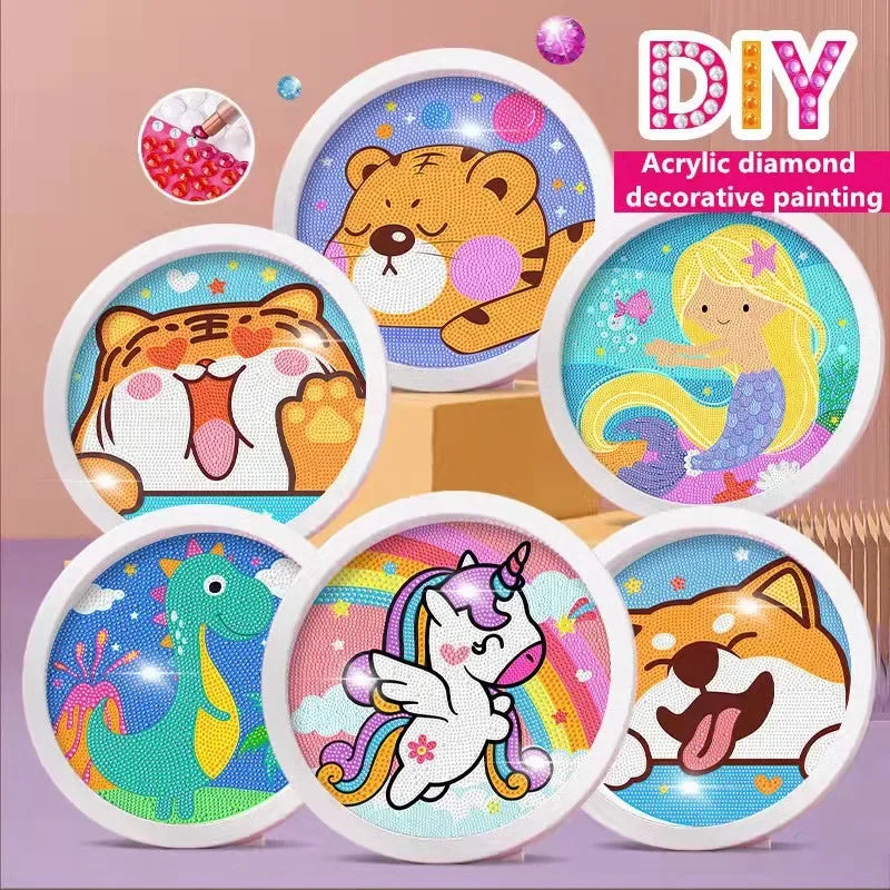 Diamond Painting with Round Frame for Kids Unicorn Cat Dog Tiger Mermaid Dragon