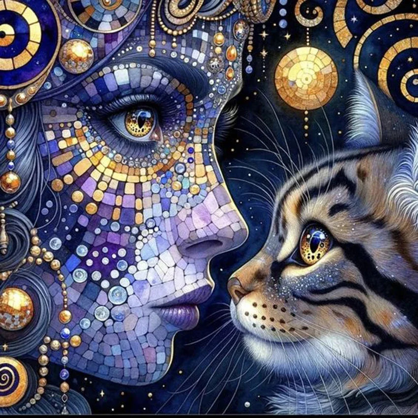 Peintures à Diamants Femme bleue Chat