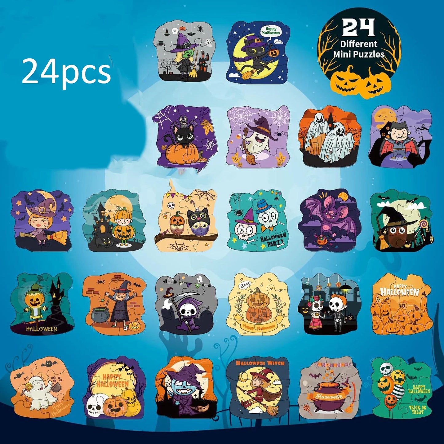 24 Puzzles d'Halloween : Fantôme, Citrouille, Sorcière