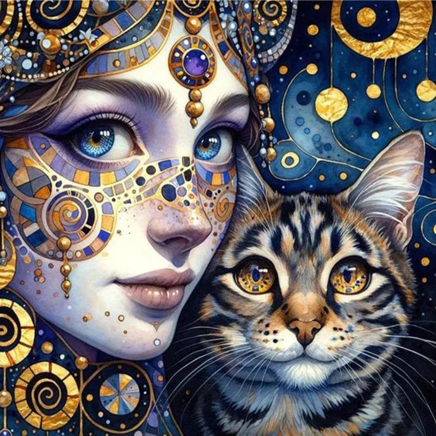 Peintures à Diamants Femme bleue Chat