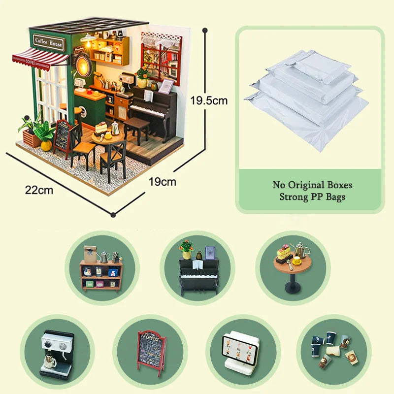 DIY 3D Dollhouse Models Cafe, Bedroom, Study, Living Room Multiple Choices