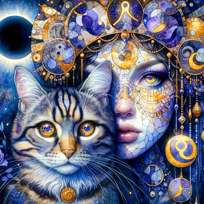 Peinture à diamants Femme bleue et son chat