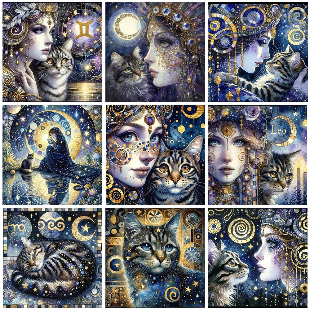 Peintures à Diamants Femme bleue Chat