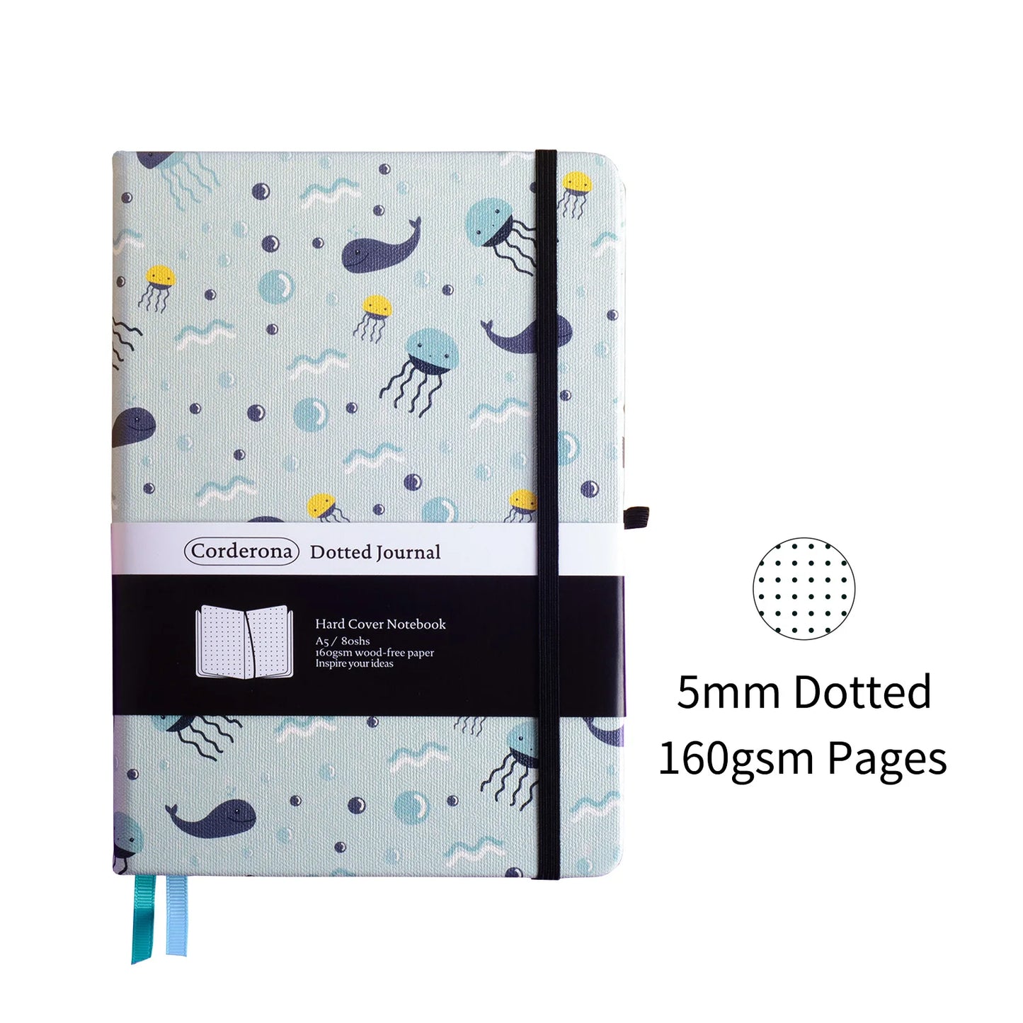 Cahier bullet journal feuille pointillée A5 Vie marine 160gsm avec élastique