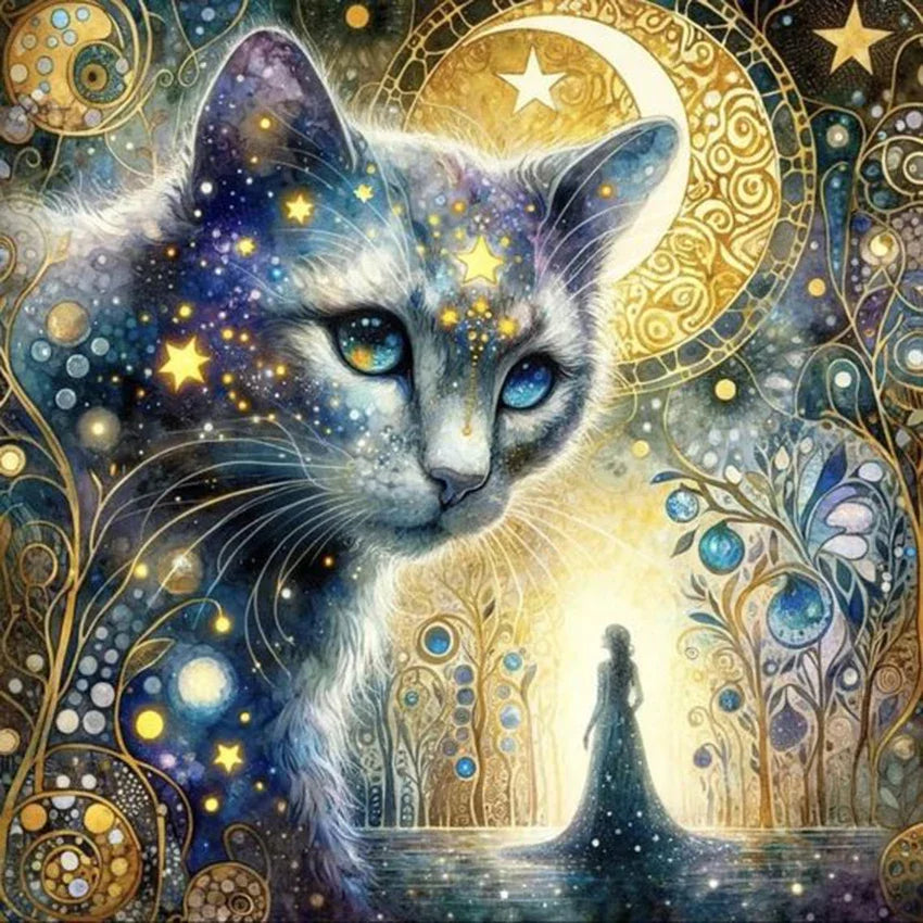 Peintures à Diamants Femme bleue Chat