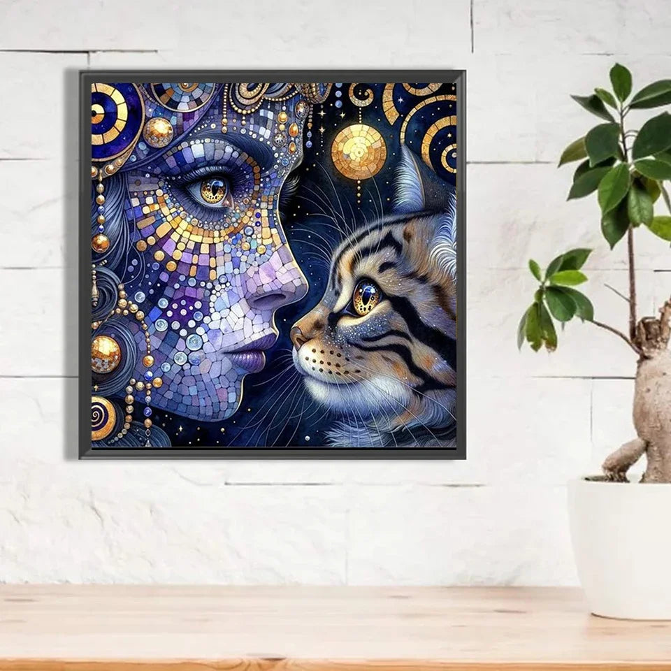 Peintures à Diamants Femme bleue Chat