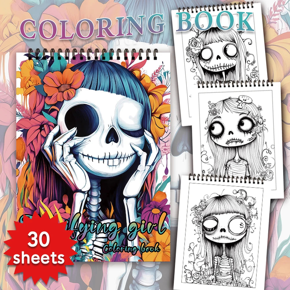 Coloring Books 30 Sheets 100gsm for Adults Flower Girl Flower Skeleton