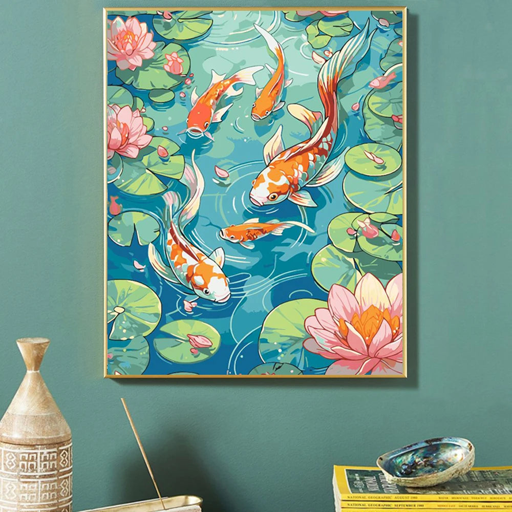 Kit de peinture par numéros pour adulte, petit poisson jouant dans l'eau