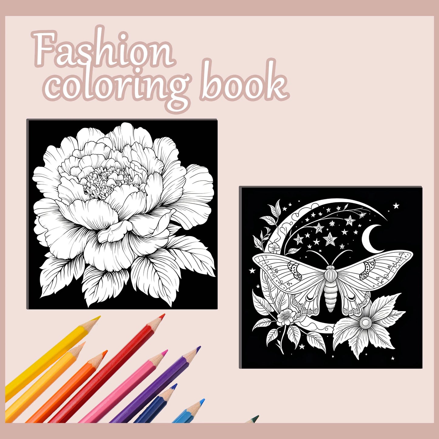 Livre de coloriage pour adultes sur fond noir, art multi-éléments pour la relaxation