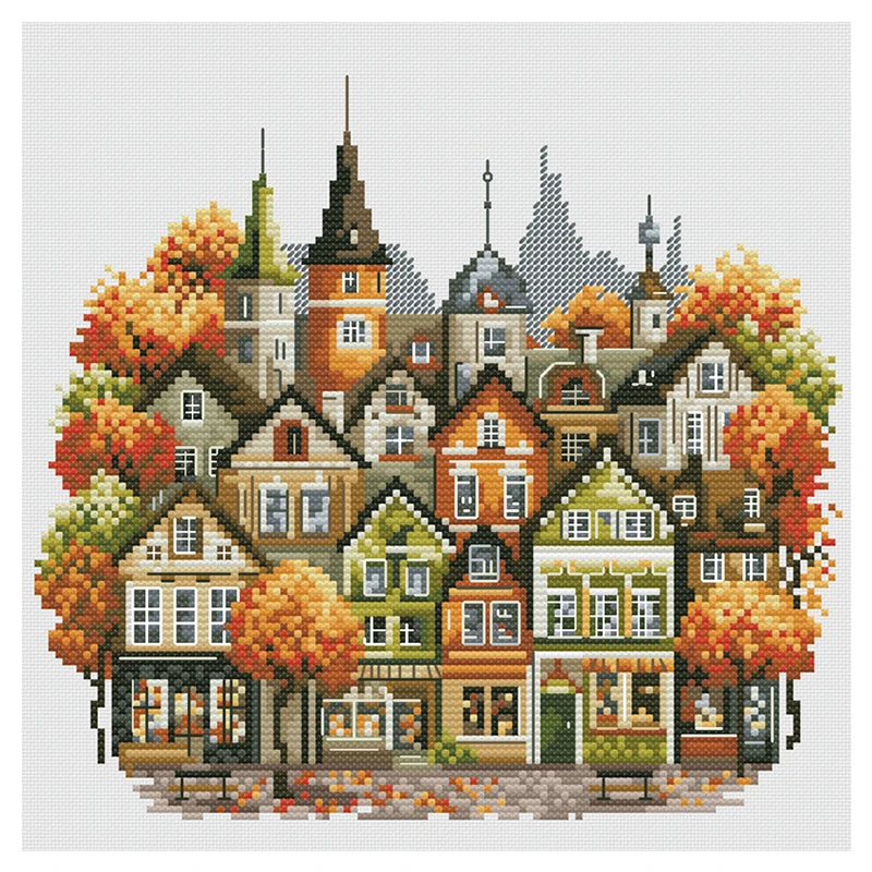 Ensemble de point compté Petite ville en automne 11CT 14CT 16CT 18CT Toile vierge