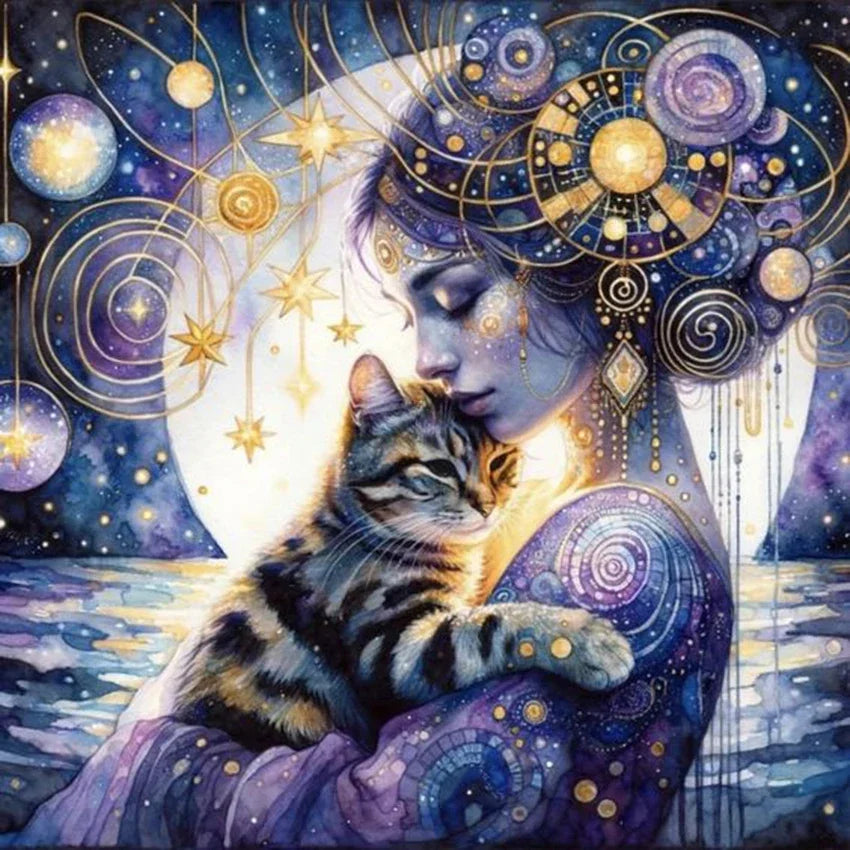 Peintures à Diamants Femme bleue Chat