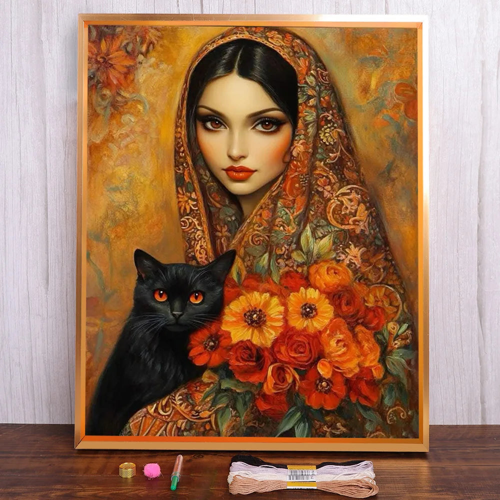 Kit de broderie point de croix bricolage Portrait fille au chat toile imprimée 11CT 14CT