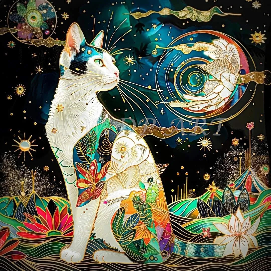 Peintures à diamants Chat mystique Diamants carré AB FD ou Cristal Poussière de fée