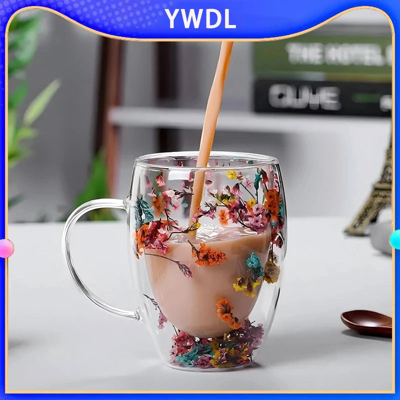 Double wall glass mug with flowers